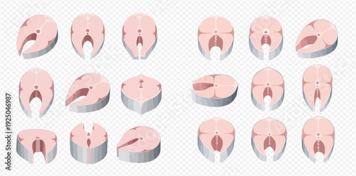 Set of fresh raw fish steaks in various angles, showcasing healthy seafood preparation.