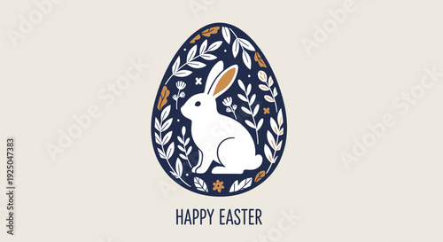 A cute rabbit inside an egg surrounded by floral patterns in modern flat vector style, perfect for Easter greeting cards