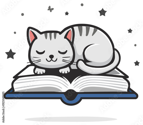 Cute cartoon cat sleeping peacefully on an open book surrounded by stars