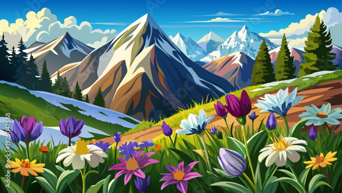 Very beautiful alpine flowers in close-up with snow-capped peaks of Rocky Mountains softly rising beyond, expressing fresh mountain air and serene wilderness.
