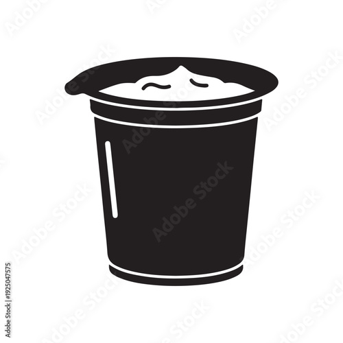 Simple black bucket filled with white substance on white background  no text