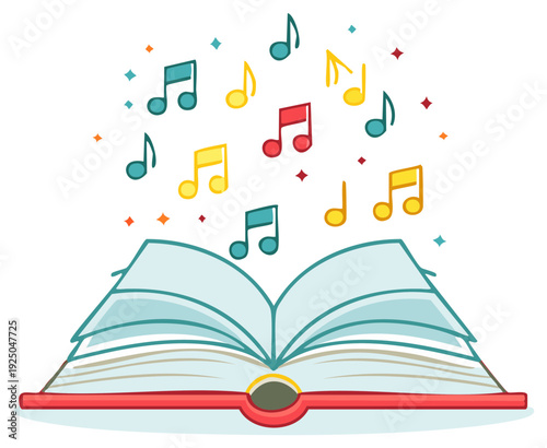Open Book with Floating Music Notes Illustration for Education or Entertainment