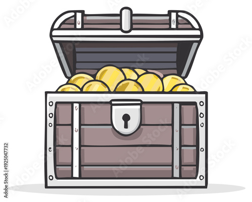 Open wooden treasure chest overflowing with shiny gold coins cartoon vector illustration for game design or graphic resource