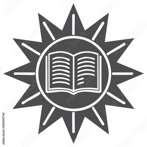 Open book surrounded by radiating star bursts symbolizing knowledge and enlightenment