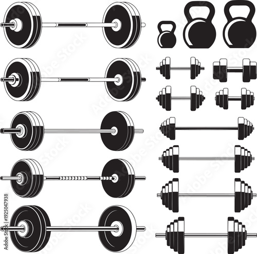 Barbell and kettlebell weight plates fitness equipment icon set