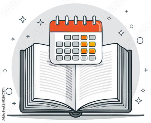Illustration of a calendar hovering above an open book concept of planning and education.