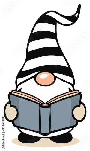 Cartoon gnome reading book with striped hat