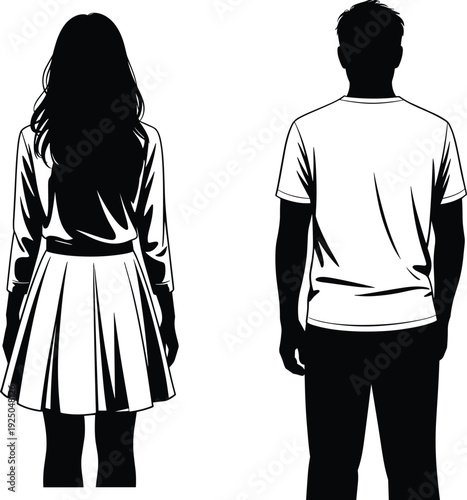Back view of teenage boy and girl silhouettes, casual outfit vector illustration isolated on white background, youth fashion character design template