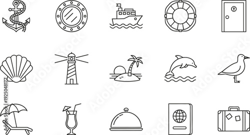 Marine Travel and Beach Vacation Icon Set with Anchor Lighthouse Dolphin Island Passport Vector Collection