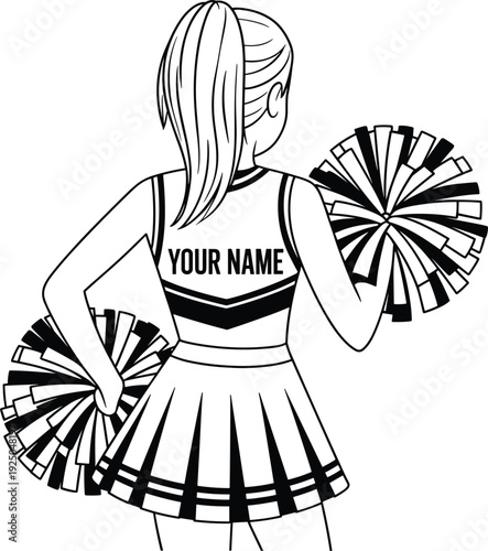 Back view of cheerleader with pom poms, customizable uniform mockup with your name text, vector illustration isolated on white background