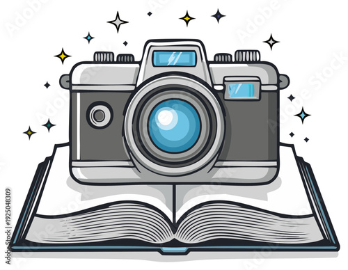 Illustration of a vintage camera atop an open book with twinkling stars