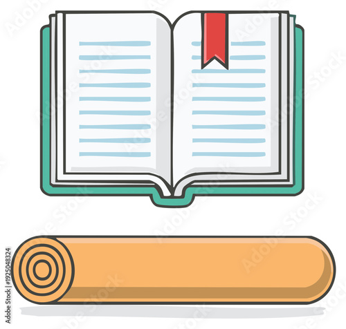 Open book with red bookmark and yoga mat illustration