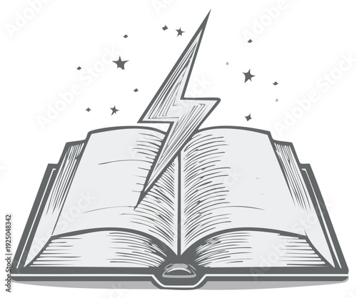 Open book with lightning bolt and stars, illustration of magic and knowledge.
