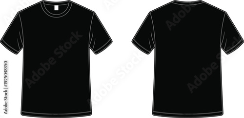 Black t-shirt front and back view vector mockup isolated on white background, blank apparel template for custom print, branding, and fashion design presentation