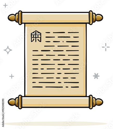 Ancient scroll illustration with hieroglyphics and decorative ends.