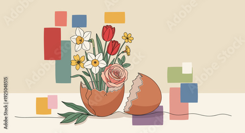 A floral arrangement featuring tulips, daisies, and roses in a cracked egg shell, designed in a modern minimalist vector style, perfect for spring-themed decorations and celebrations