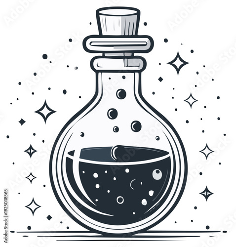 Magical potion bottle with cork stopper, sparkling bubbles and stars.