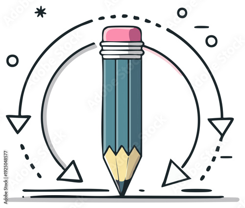 Pencil surrounded by circular arrows representing process, creativity, and design.