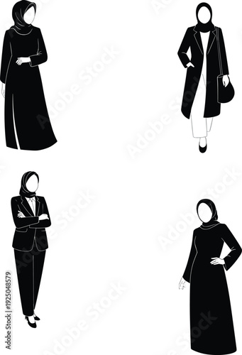 Muslim women silhouette collection in hijab and modest outfits, elegant islamic fashion vector set isolated on white background for design use