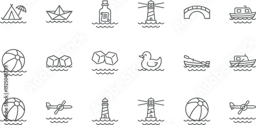 Ocean Water Activity Icon Set with Boat Lighthouse Beach Ball Ice Duck and Marine Elements Vector