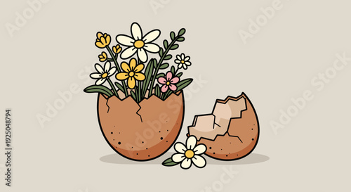 A cute illustration of a cracked eggshell filled with colorful flowers in a minimalist vector style, ideal for spring-themed designs