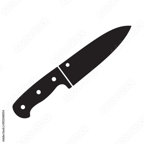 Simple black kitchen knife with handle and three rivets for gripping and cutting food preparation