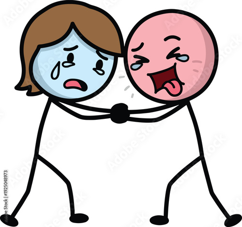 Cartoon stick figures fighting with angry and crying expressions, conflict and argument concept illustration isolated on white background