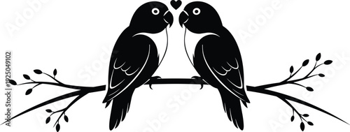Romantic lovebirds silhouette sitting on branch with heart symbol black vector illustration isolated on white background