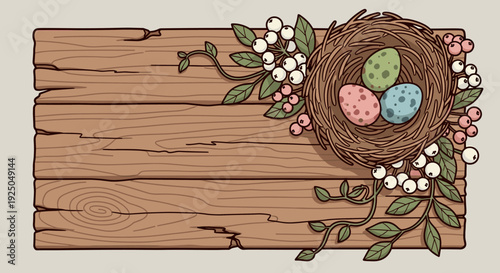 A decorative illustration of a bird's nest with colorful eggs on a rustic wooden background in a vintage style, perfect for spring themes and Easter designs