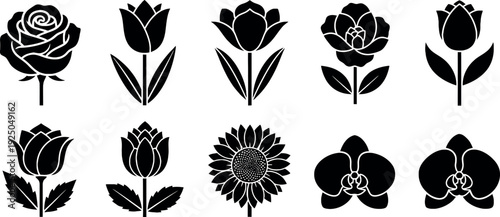 Black and white floral with roses tulips sunflower and orchids flowers