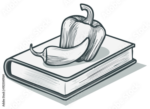 Educational illustration of a bell pepper and chili pepper resting on an open book symbolizing culinary learning or a cookbook.