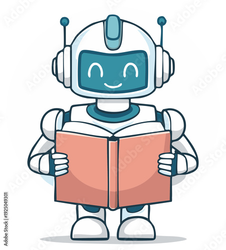 Cute friendly robot holding open book reading with happy face