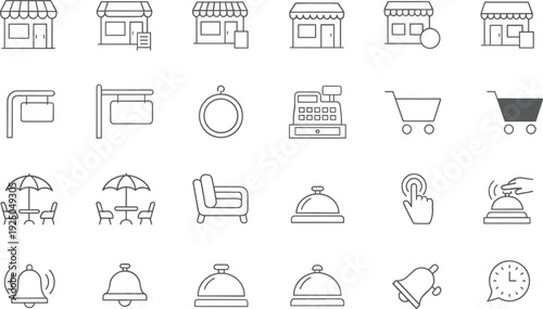 Retail Store and Shopping Service Icon Set with Shop Cart Bell Chair and Checkout Elements Vector