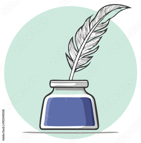 Classic feather quill pen in a blue inkwell hand drawn cartoon style vector illustration