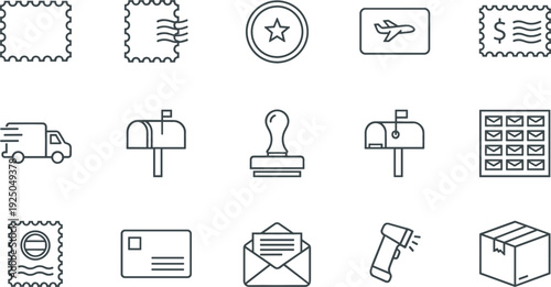 Postal Service and Mail Delivery Icon Set with Stamp Truck Mailbox Parcel and Shipping Elements Vector