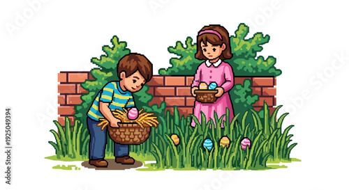 A boy and girl searching for Easter eggs in a lush green garden in colorful cartoon style, perfect for holiday-themed designs
