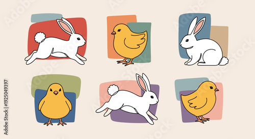 A set of cute bunnies and chicks in colorful minimalist vector style, perfect for Easter designs and children's art