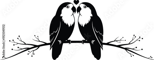 Lovebirds silhouette couple sitting on branch with heart symbol romantic bird vector illustration isolated on white background
