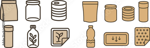 Different types of containers are displayed, featuring a paper bag, a glass jar, stacked cans, a tube, a bottle with a plant graphic, and a labeled container for storage.