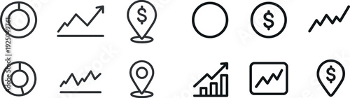 Illustration features various financial symbols including pie charts, upward trends, and location markers with dollar signs. These elements represent market analysis and investment opportunities.