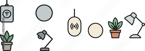 A cozy workspace features a potted plant, a stylish desk lamp, a simple round mirror, and a wifi signal indicator. This setup is perfect for productivity in a modern environment.
