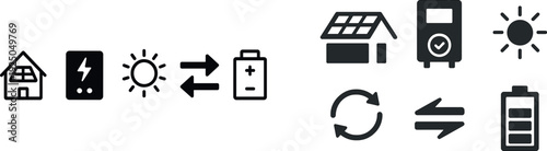 Various symbols depict the process of harnessing solar energy for a smart home system, showcasing energy conversion, storage, and utilization for efficient living.