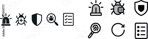 Emergency alert symbols indicate important steps in pest control, featuring a siren, bug, shield, magnifying glass, and checklist for effective management.