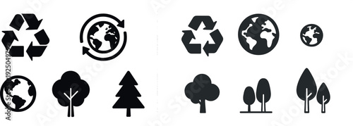 Four distinct symbols illustrate key concepts of environmental awareness, featuring a recycling logo, a globe, a tree, and a pine tree, emphasizing eco-friendliness.