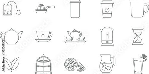 Tea and Coffee Beverage Icon Set with Teapot Cup Kettle Citrus Juice and Cafe Elements Vector