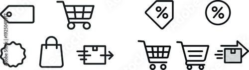 Icons represent essential elements of online shopping including a shopping cart, tags, bags, and delivery services that enhance user experience in e-commerce.