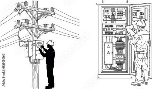 Electrical technician silhouette set working on power pole and circuit breaker box for energy maintenance industrial utility and engineering designs
