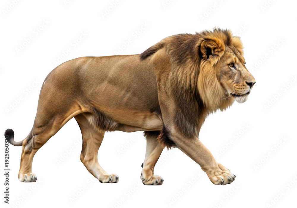 Fototapeta premium Full body side view of a majestic adult male lion with a thick brown mane walking isolated on a white background