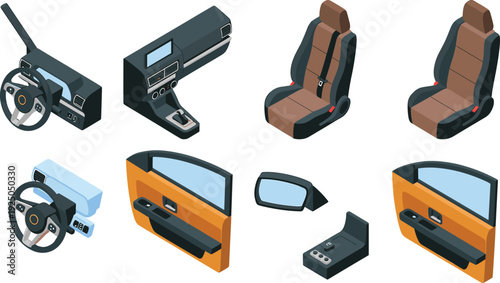 Isometric 3D car interior components collection, dashboard steering wheel seats door panels mirror and automotive control system design
