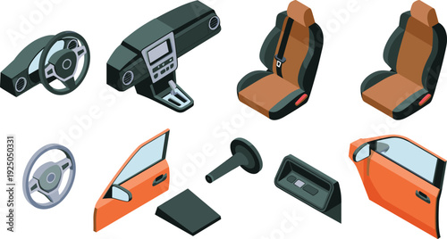 Isometric 3D automobile interior parts collection, dashboard steering wheel seats door panels mirror and car control system illustration